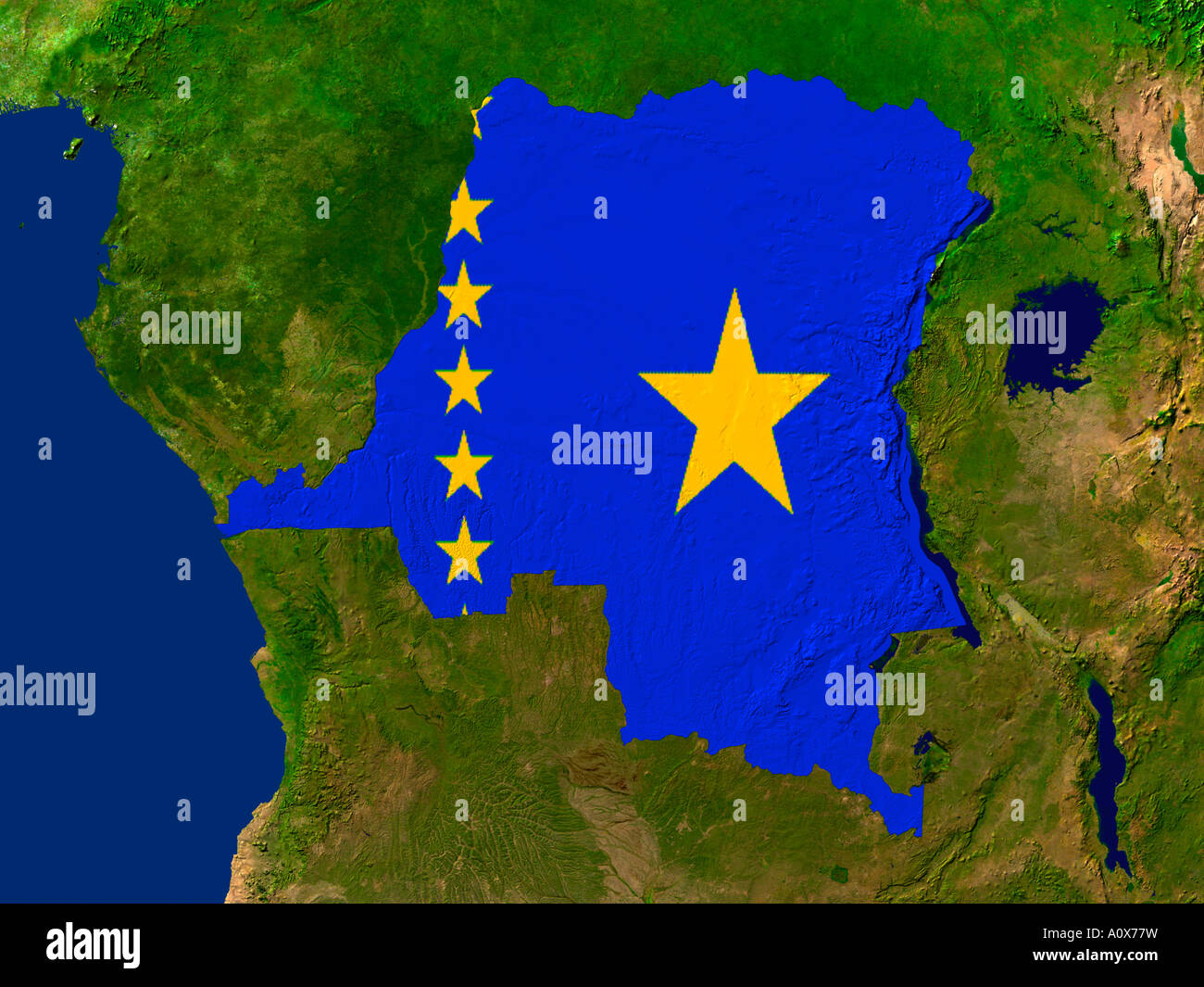 Immagine satellitare della Repubblica Democratica del Congo contemplati da tale paese della storica bandiera Foto Stock