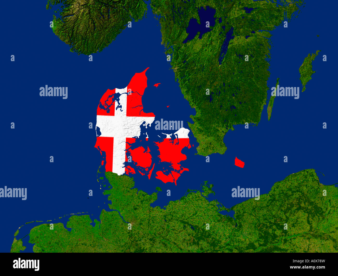 Immagine satellitare della Danimarca contemplati da tale paese la bandiera Foto Stock