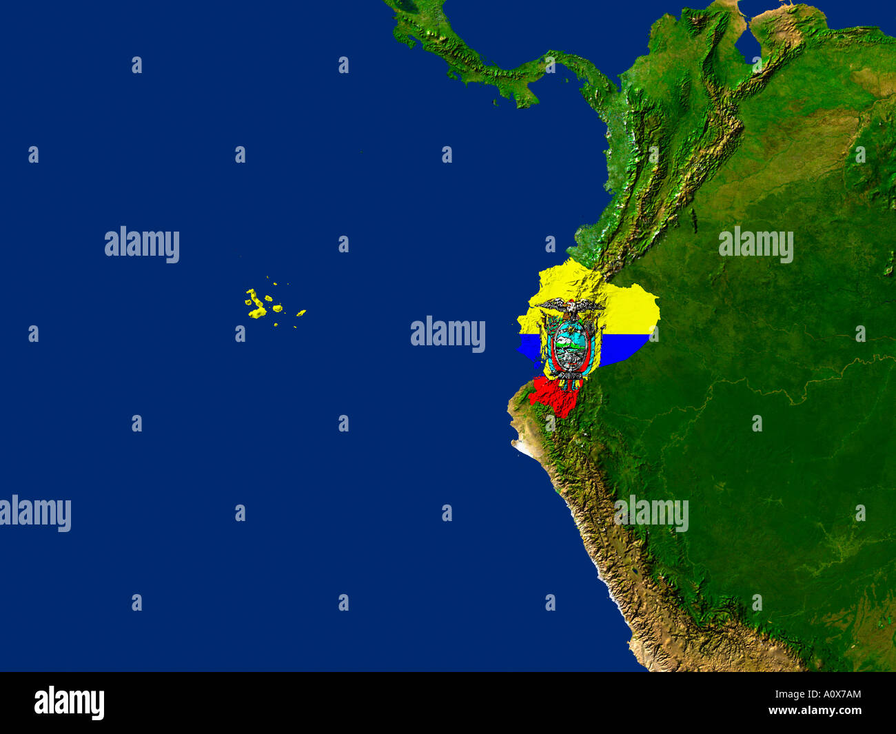 Immagine satellitare della Ecuador contemplati da tale paese la bandiera Foto Stock