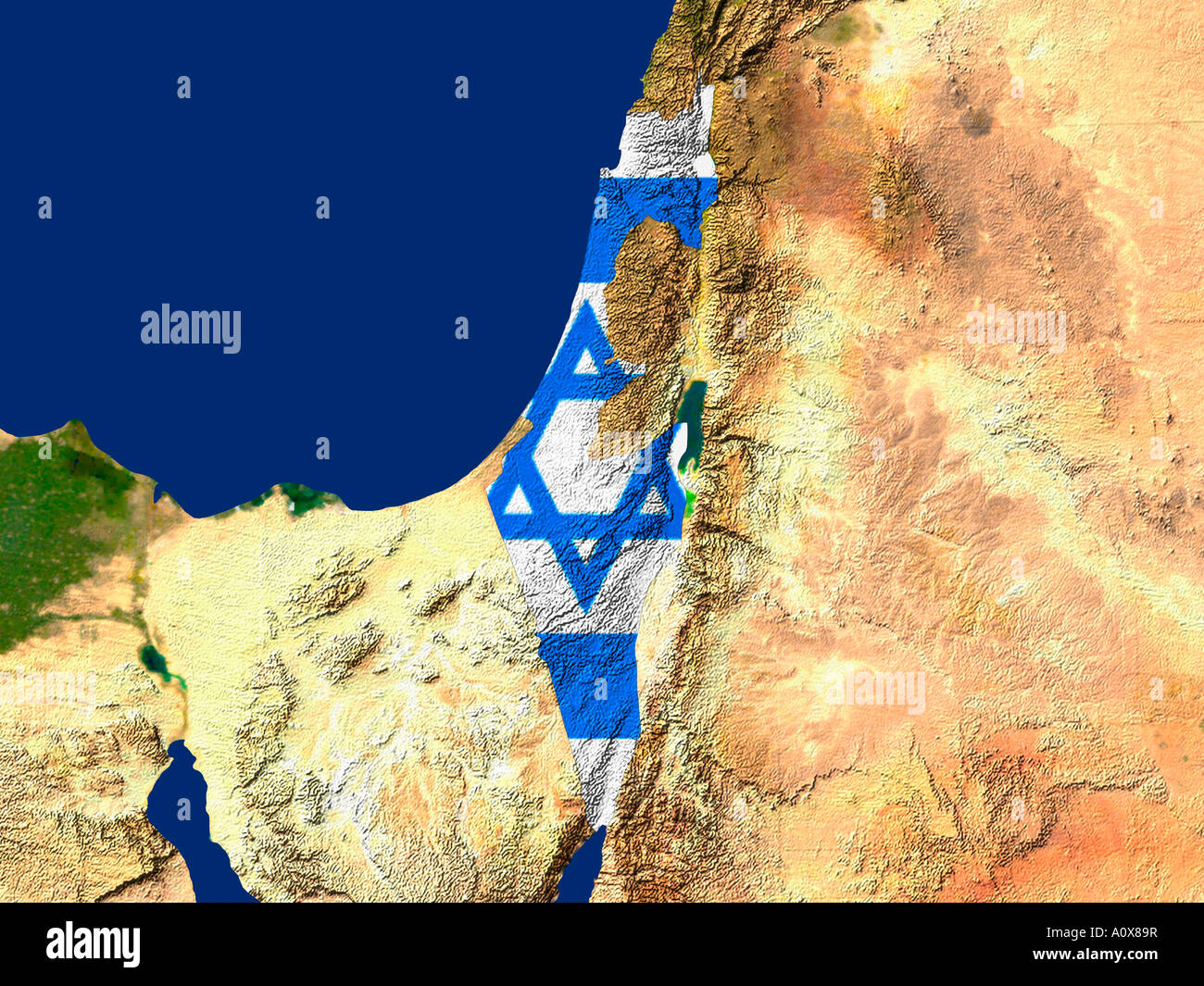 Immagine satellitare di Israele contemplati da tale paese la bandiera Foto Stock
