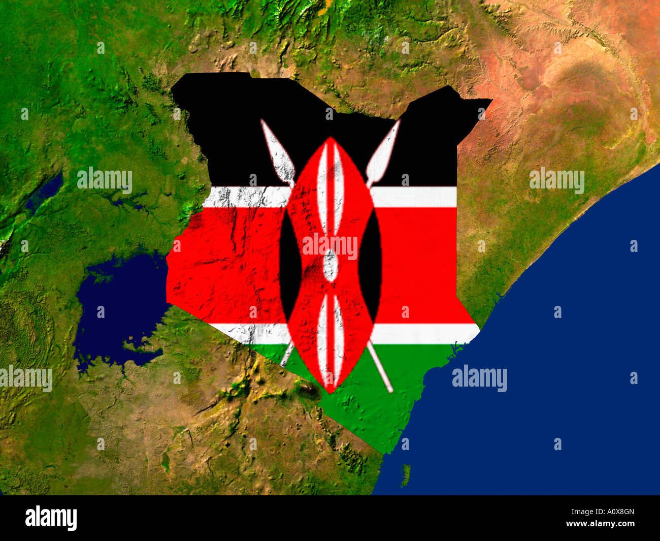 Immagine satellitare del Kenya contemplati da tale paese la bandiera Foto Stock