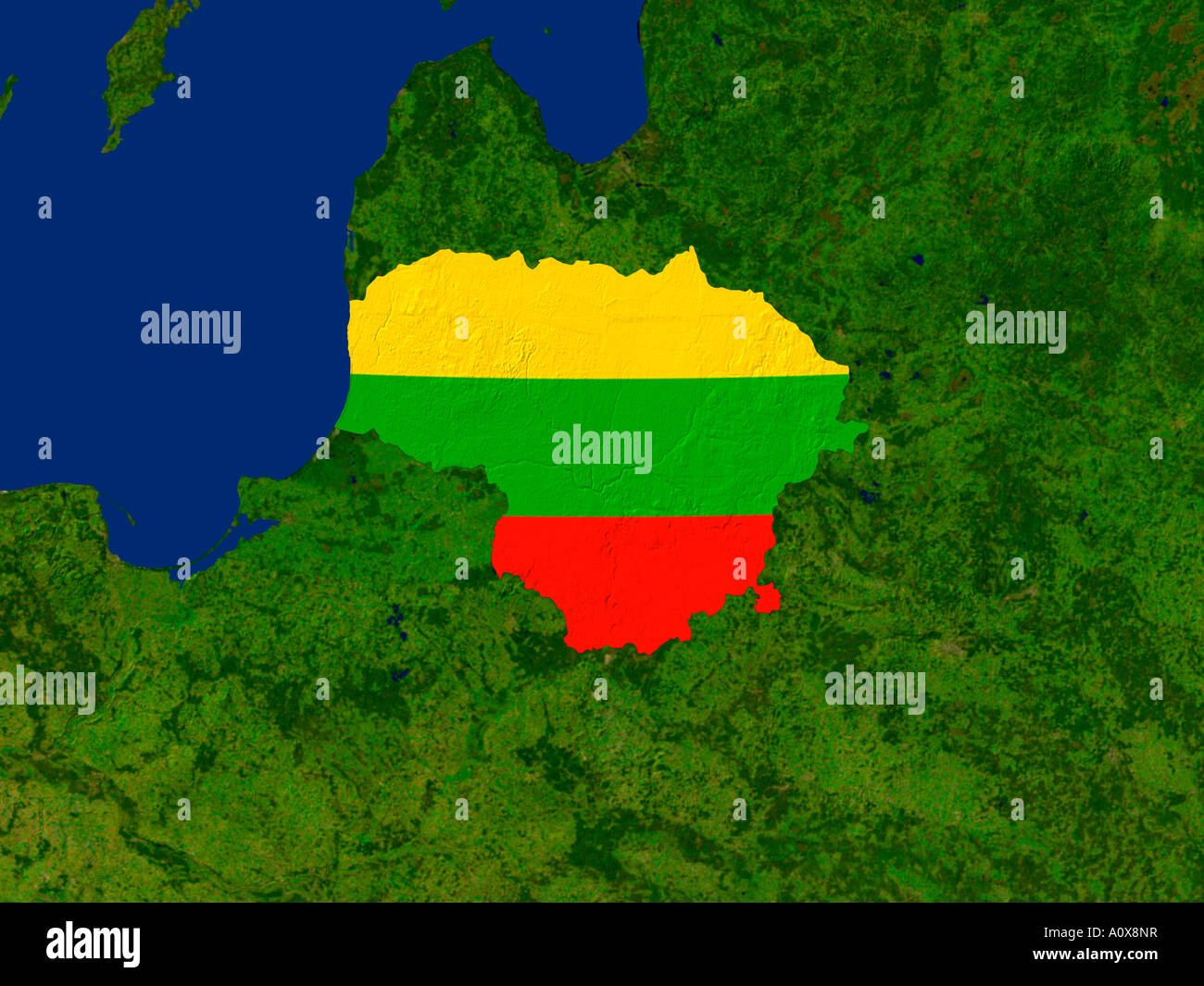 Immagine satellitare della Lituania contemplati da tale paese la bandiera Foto Stock