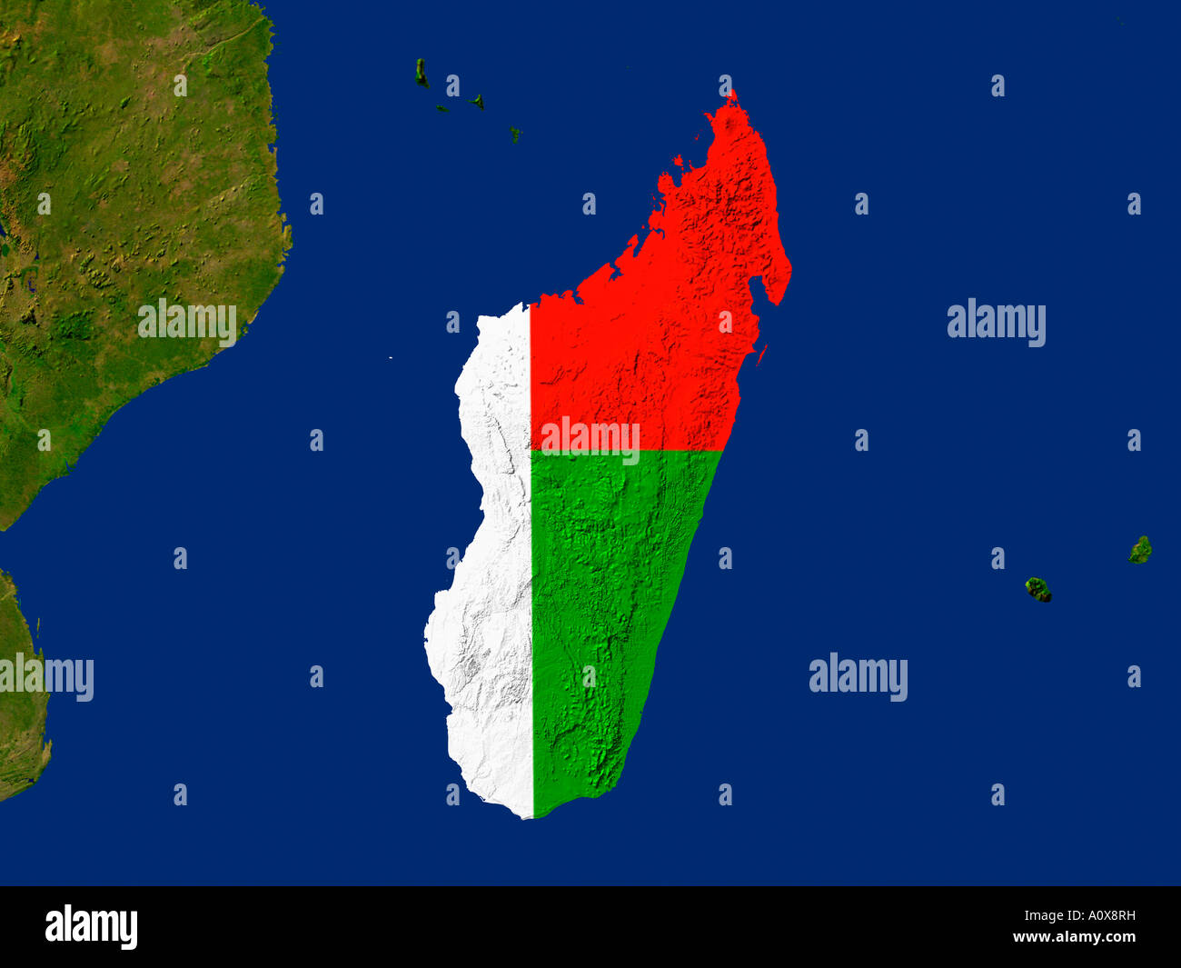 Immagine satellitare del Madagascar contemplati da tale paese la bandiera Foto Stock