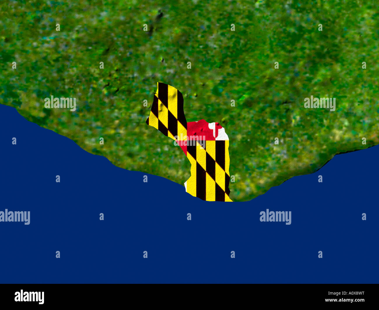 Immagine satellitare dello Stato del Maryland USA coperto dalla bandiera di Stato Foto Stock
