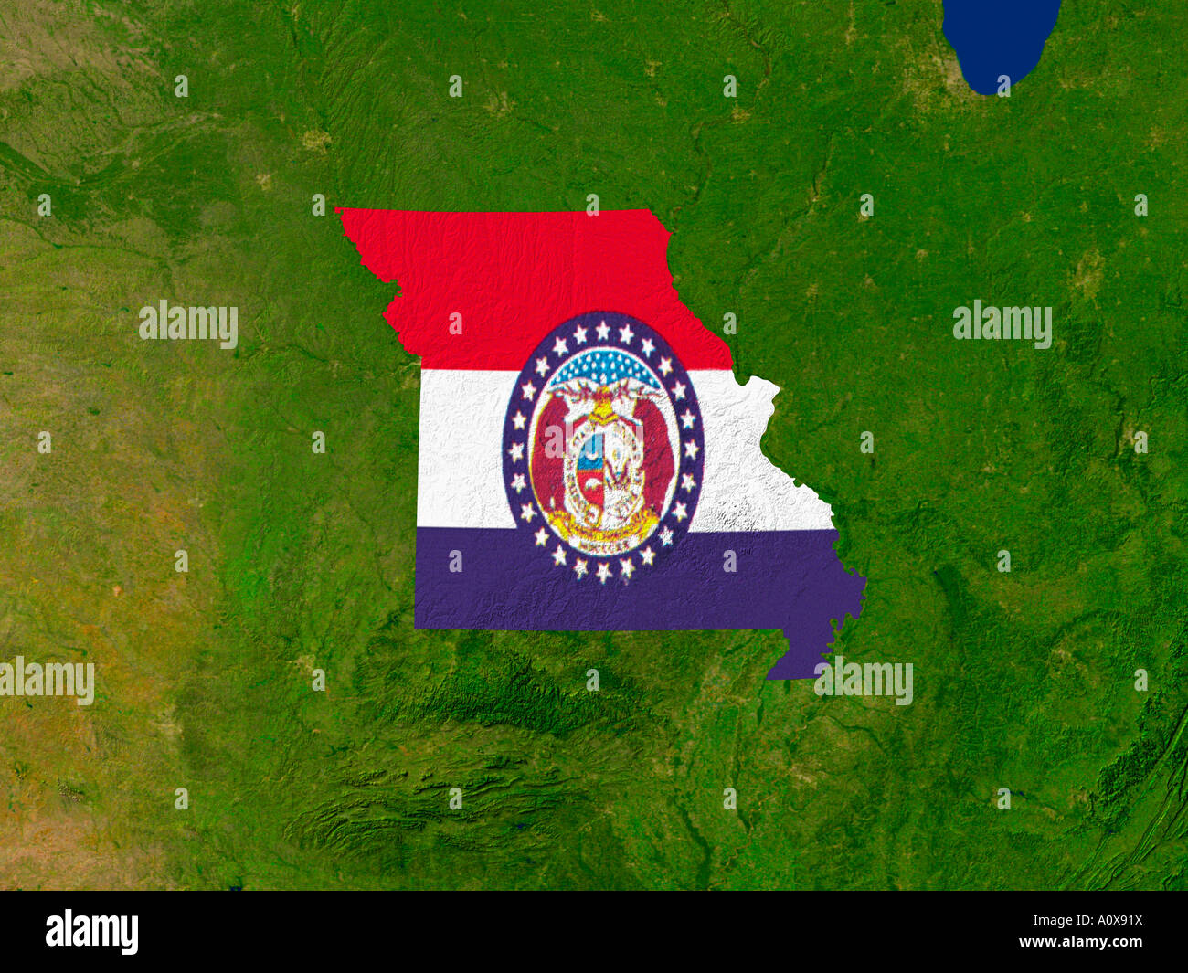 Immagine satellitare dello Stato del Missouri USA coperto dalla bandiera di Stato Foto Stock