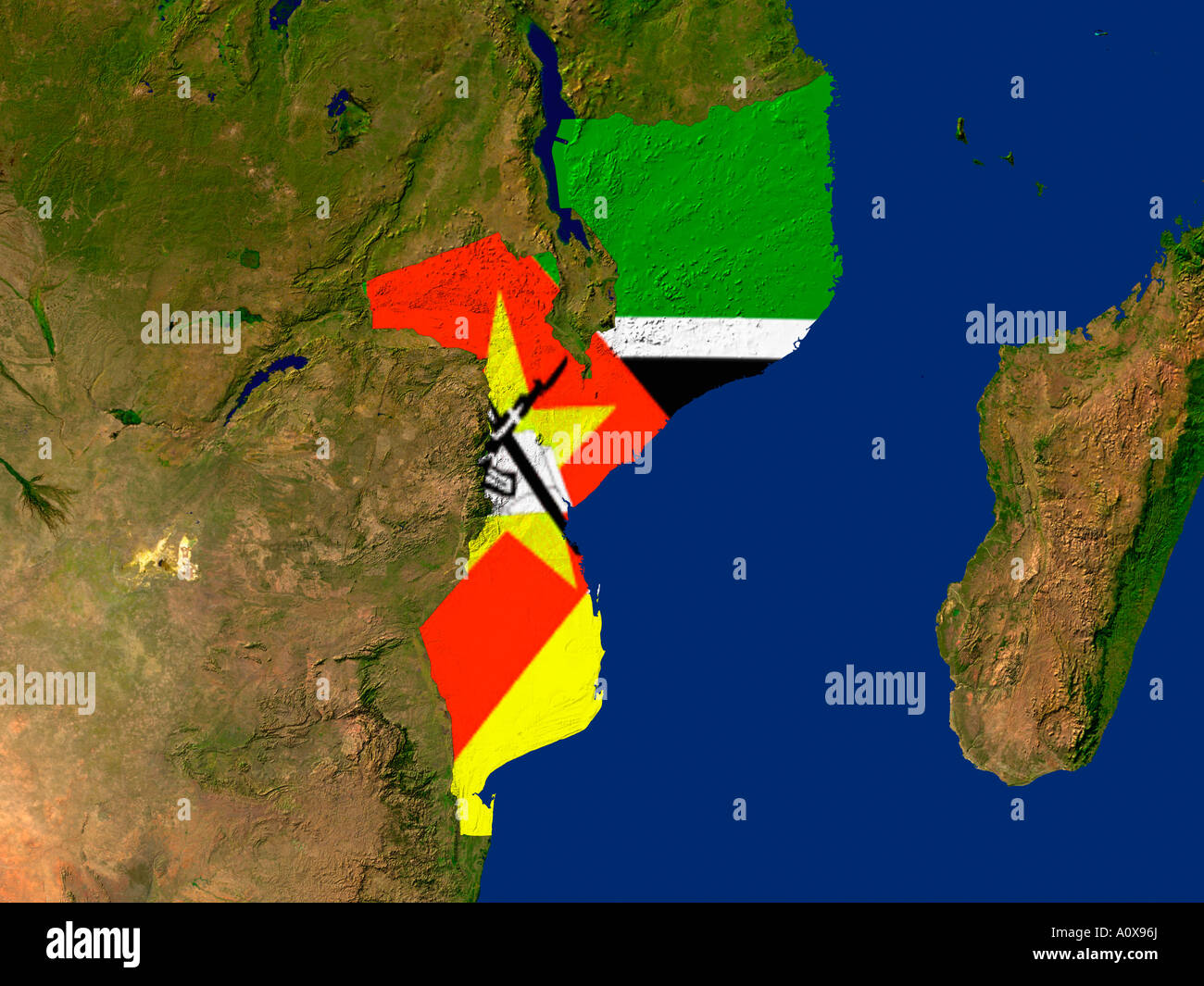 Immagine satellitare del Mozambico contemplati da tale paese la bandiera Foto Stock