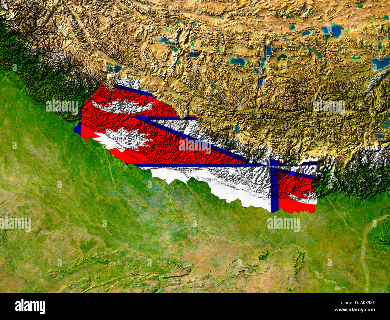 Immagine satellitare del Nepal contemplati da tale paese la bandiera Foto Stock