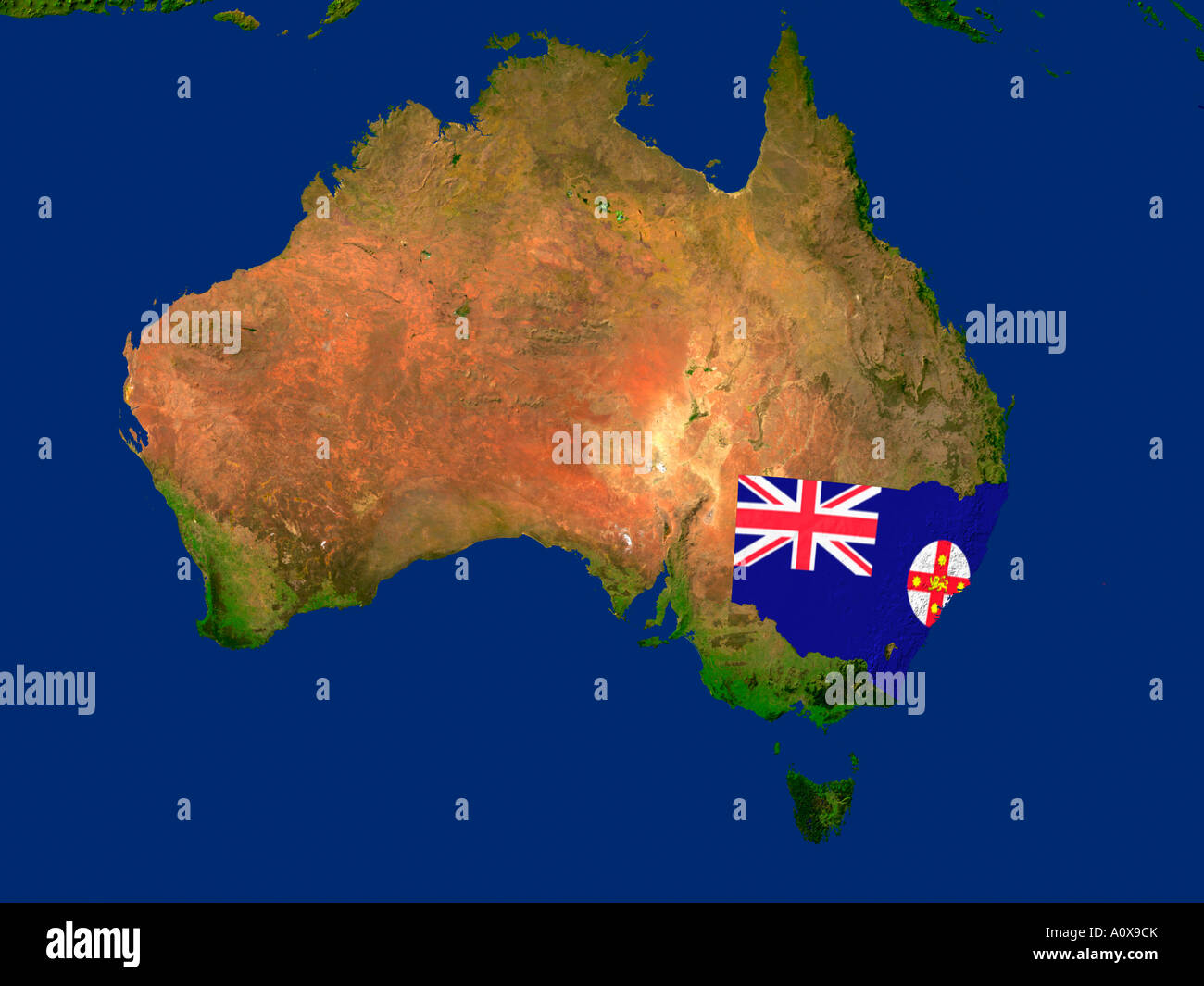 Ha evidenziato un'immagine satellitare del Nuovo Galles del Sud, Australia coperta dalla regione di bandiera Foto Stock
