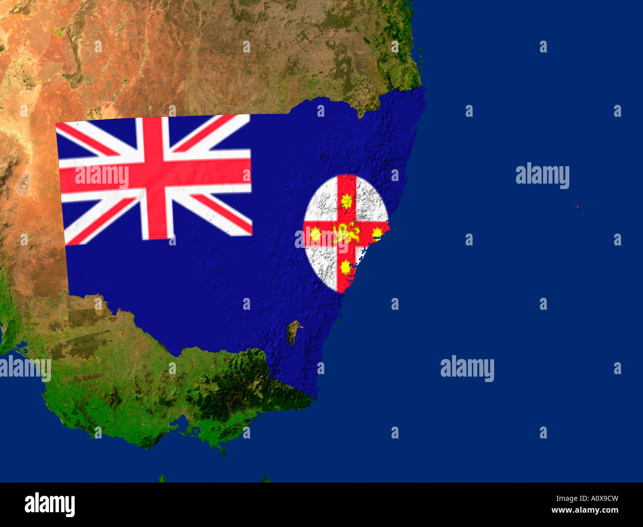 Immagine satellitare del Nuovo Galles del Sud, Australia coperta dalla regione di bandiera Foto Stock
