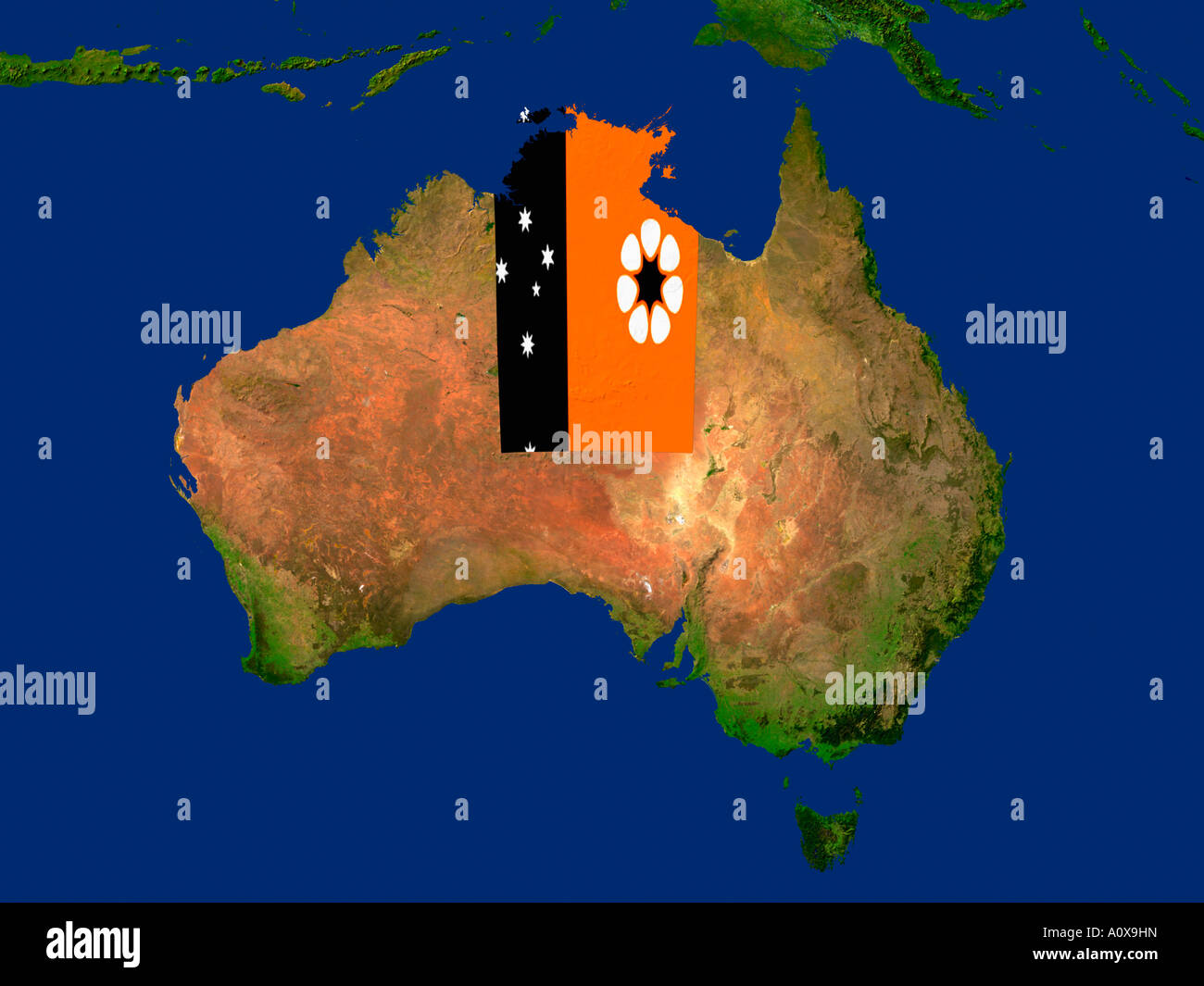 Immagine satellitare del Territorio del Nord, l'Australia coperta dalla regione di bandiera Foto Stock