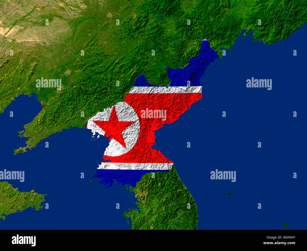 Immagine satellitare della Corea del Nord coperto da tale paese di bandiera Foto Stock