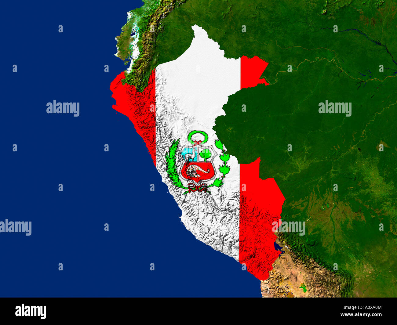 Immagine satellitare del Perù contemplati da tale paese la bandiera Foto Stock