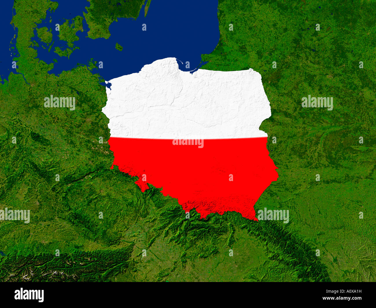 Immagine satellitare della Polonia contemplati da tale paese la bandiera Foto Stock