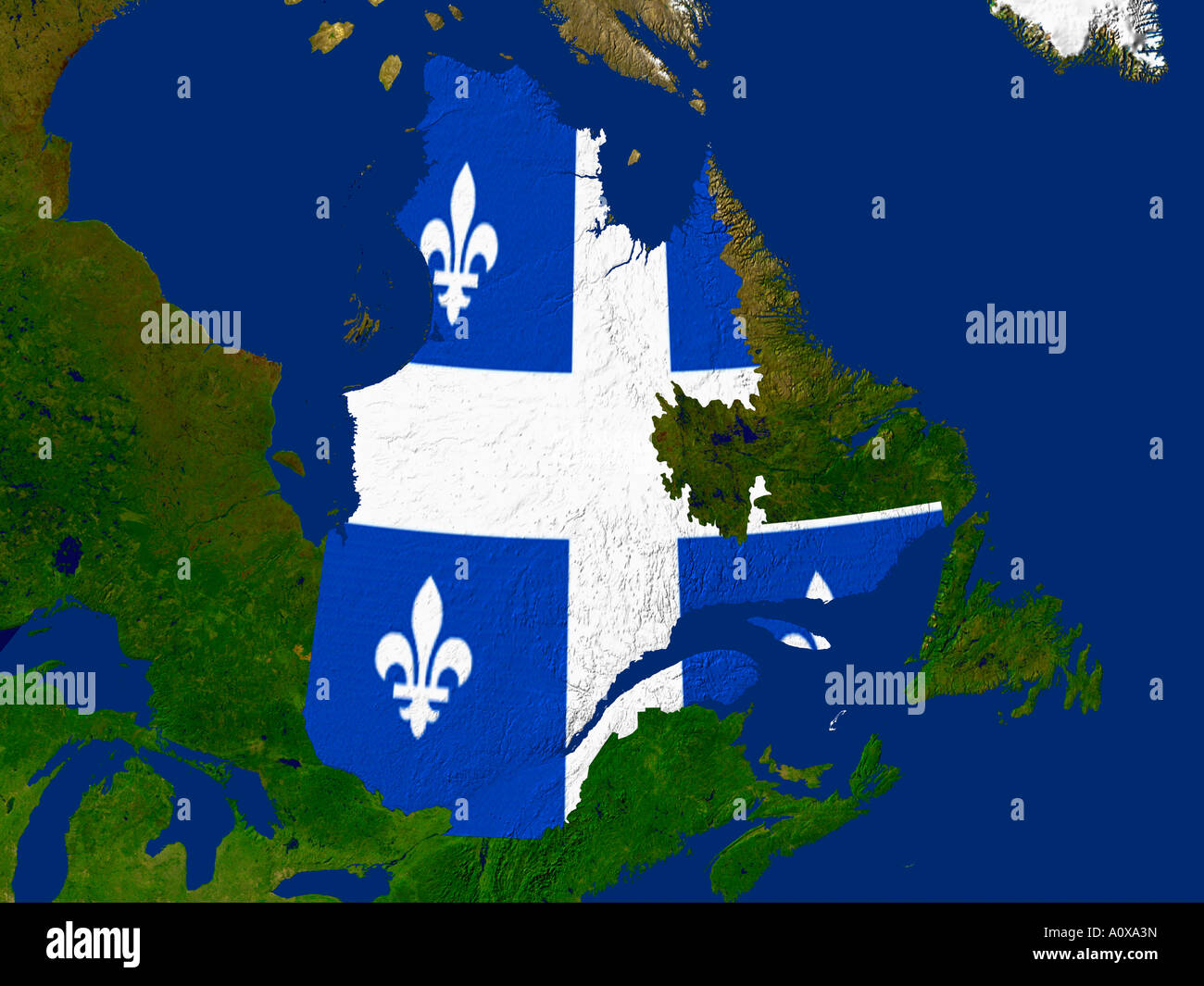 Immagine satellitare della Quebec coperta dalla regione di bandiera Foto Stock