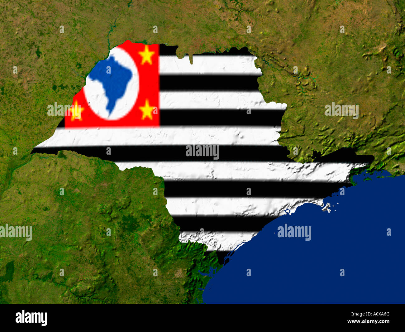 Immagine satellitare di Sao Paulo coperta dalla regione di bandiera Foto Stock