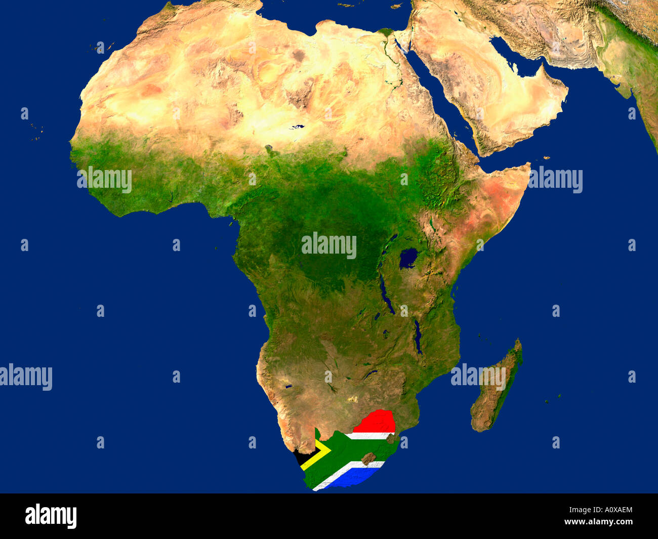 Immagine satellitare del Sudafrica coperti da tale paese di bandiera Foto Stock