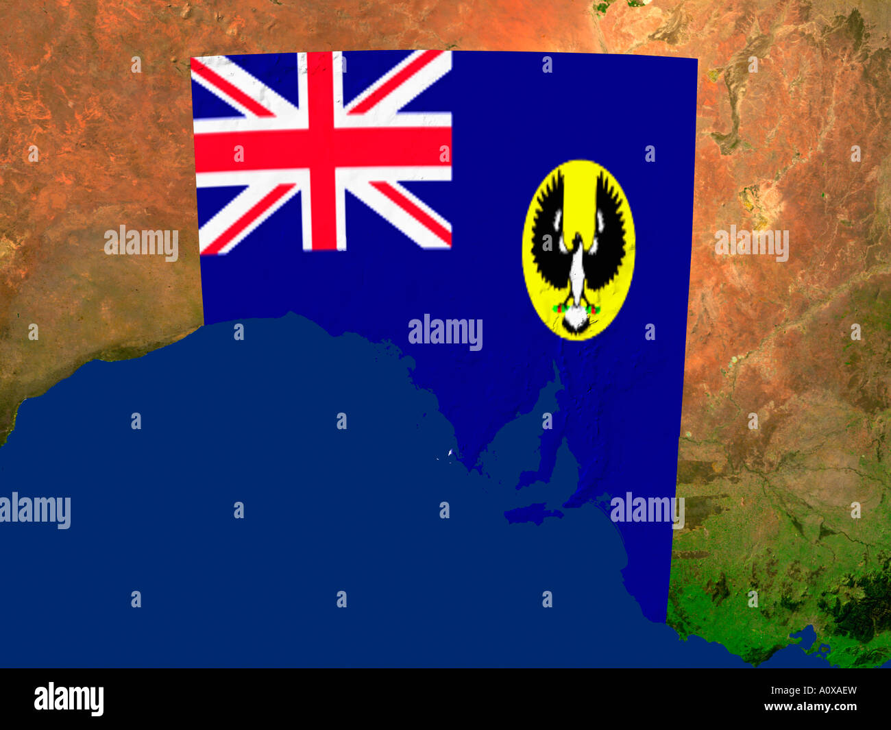 Immagine satellitare del Sud Australia coperto dalla bandiera di Stato Foto Stock