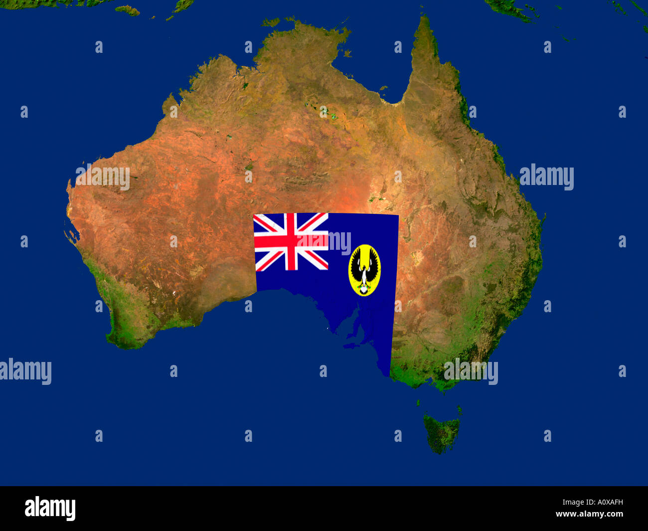 Immagine satellitare del Sud Australia coperto dalla bandiera di Stato Foto Stock