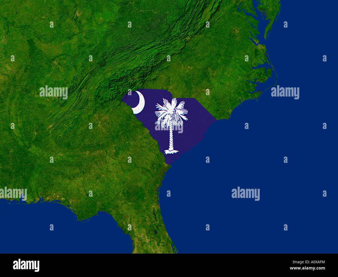 Immagine dal satellite dello Stato della Carolina del Sud USA coperto dalla bandiera di Stato Foto Stock
