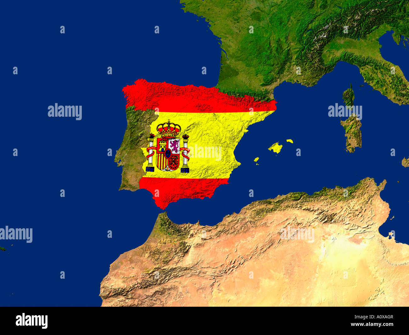 Immagine satellitare della Spagna coperta da tale paese la bandiera Foto Stock