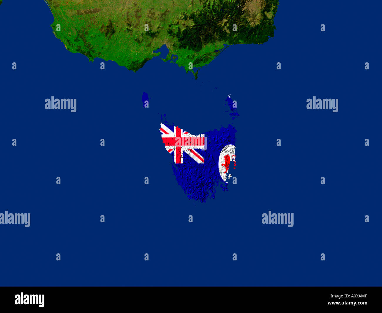 Immagine satellitare della Tasmania coperto dalla bandiera di Stato Foto Stock