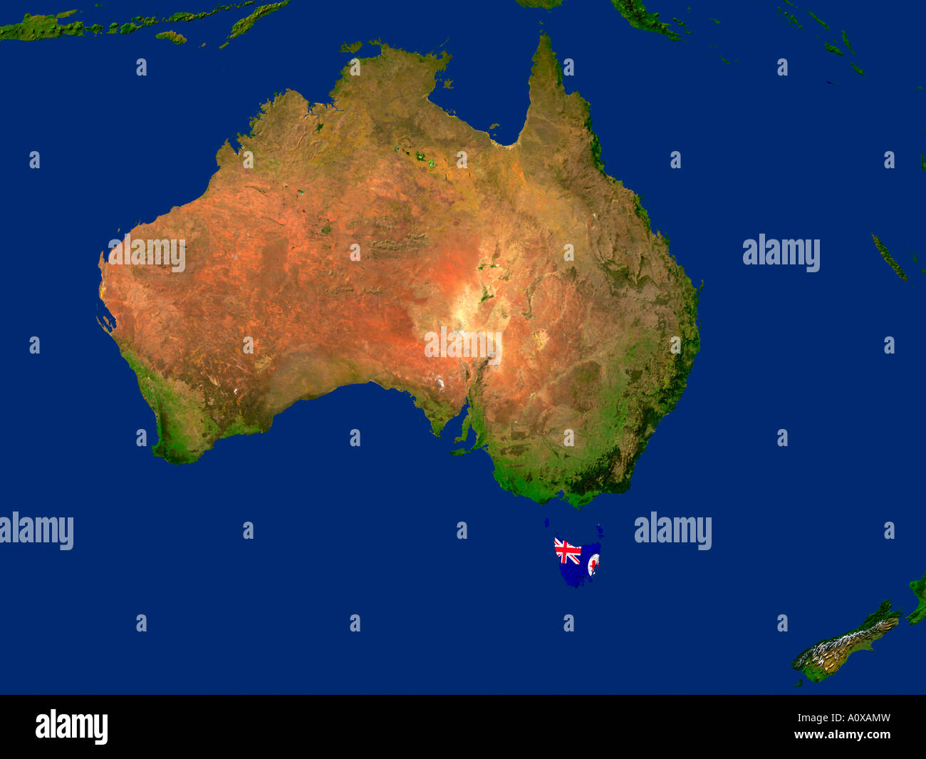 Immagine satellitare della Tasmania coperto dalla bandiera di Stato Foto Stock