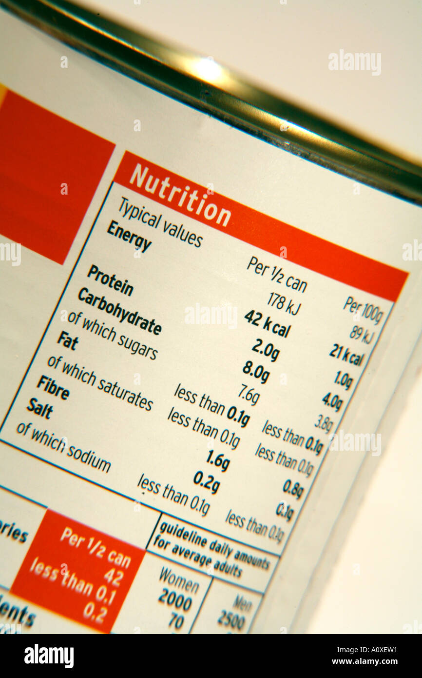 Informazioni nutrizionali sull'etichetta di conserve di pomodori Foto Stock