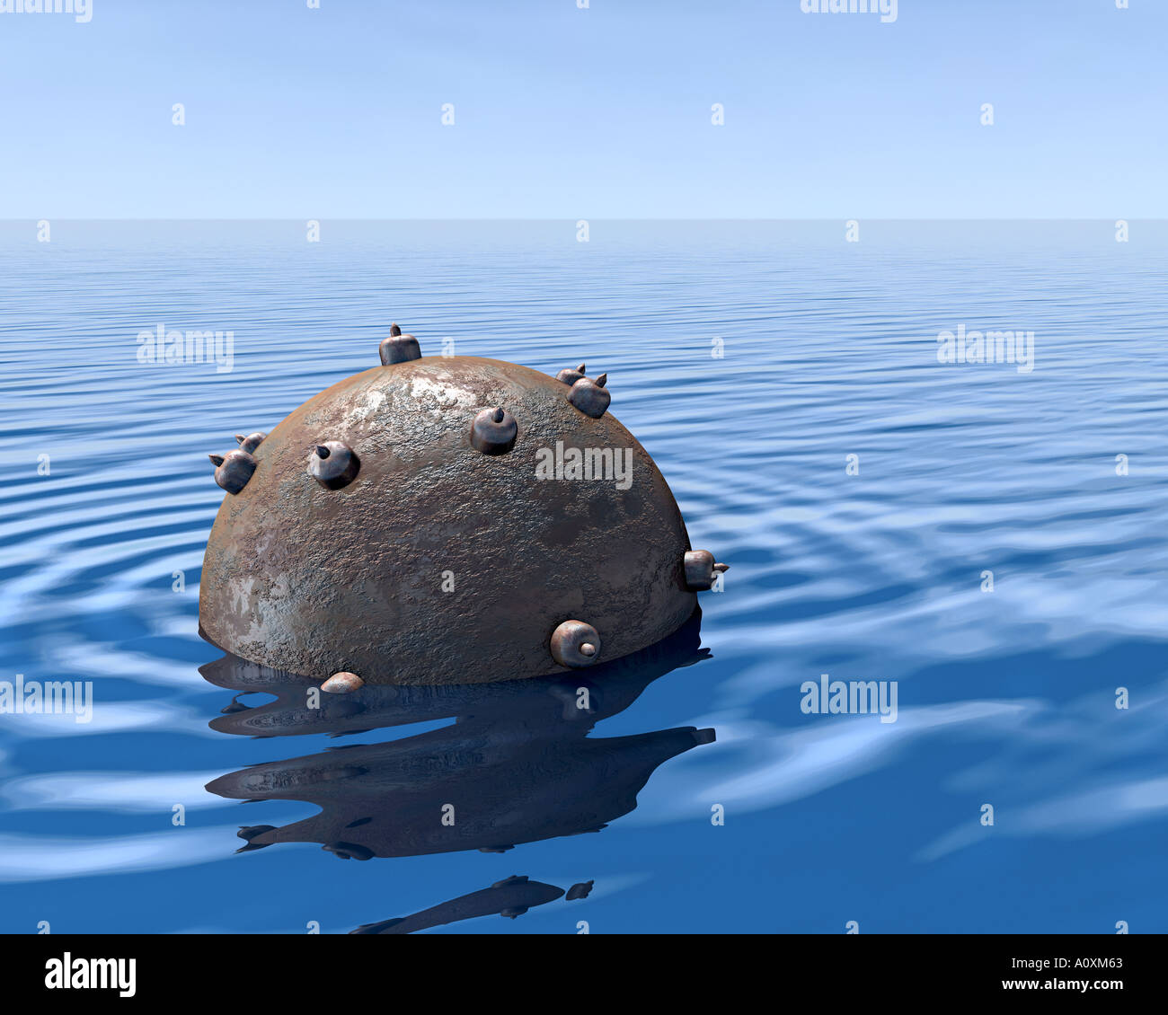 Seamine miniera in mare bomba è simbolo di pericolo rischio di minaccia di blocco di salvaguardia relitto di blocco Foto Stock