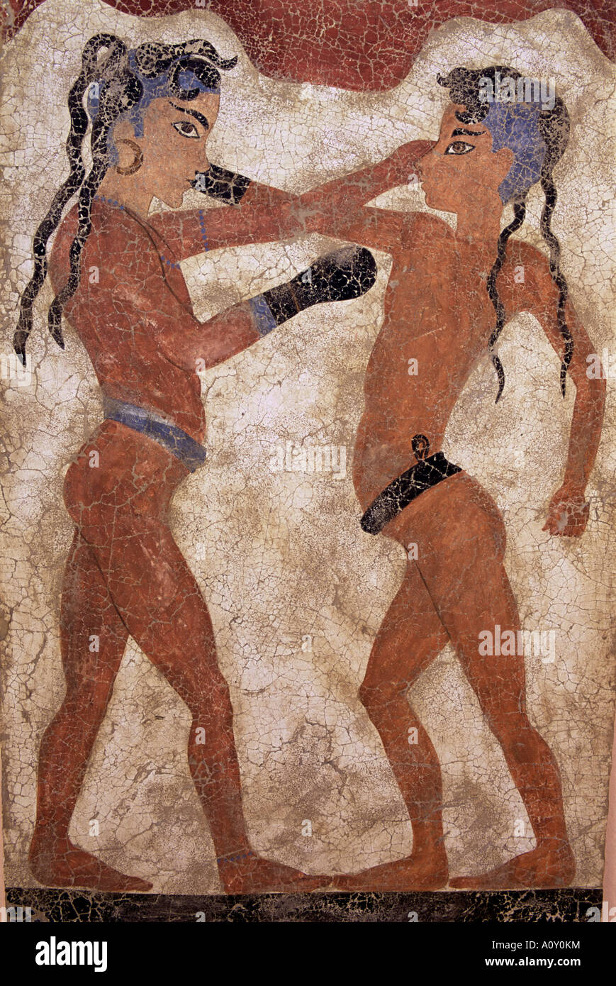 Affresco della boxe per bambini da Akrotiri risalente intorno al 1600 AC Isola di Santorini Santorini Cyclades Grecia Europa Foto Stock