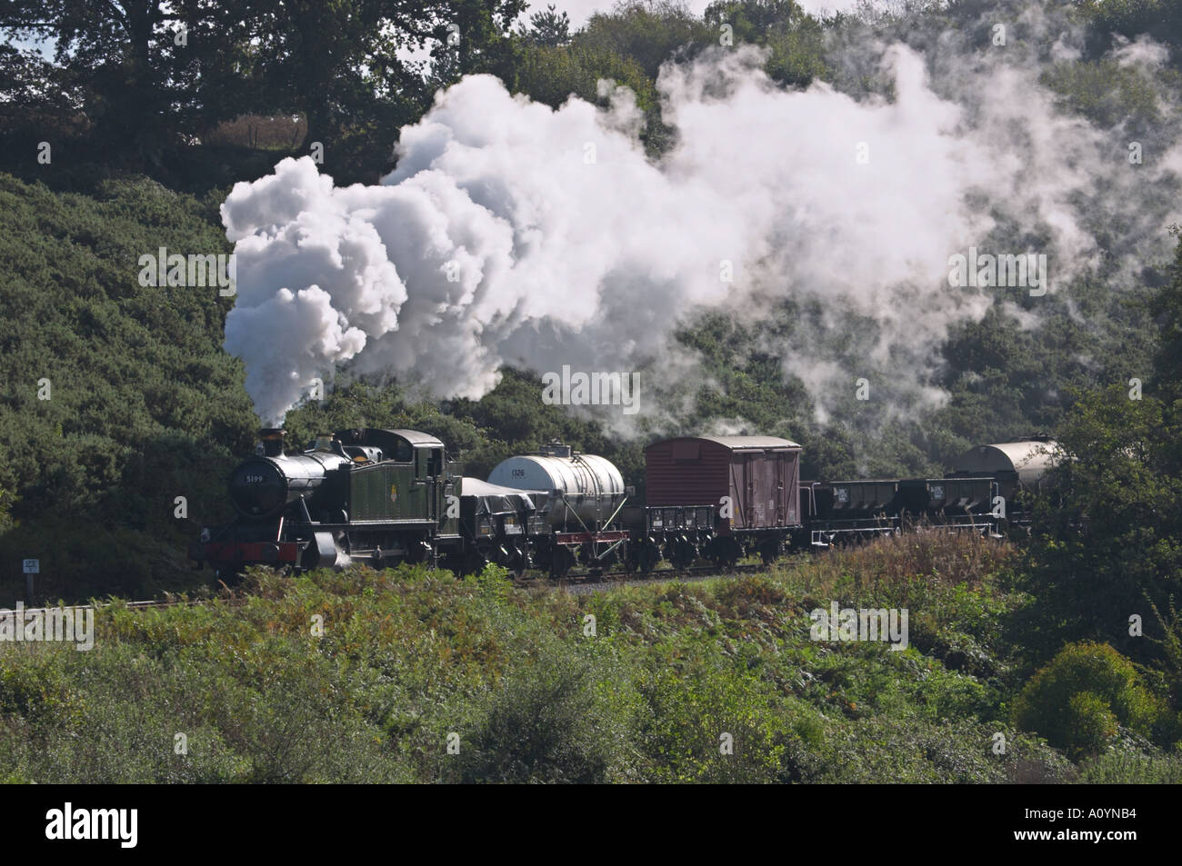 Grande Prairie serbatoio 5101 Classe n. 5199 traina un treno merci tra Taunton e Minehead sulla West Somerset Railway Inghilterra Foto Stock