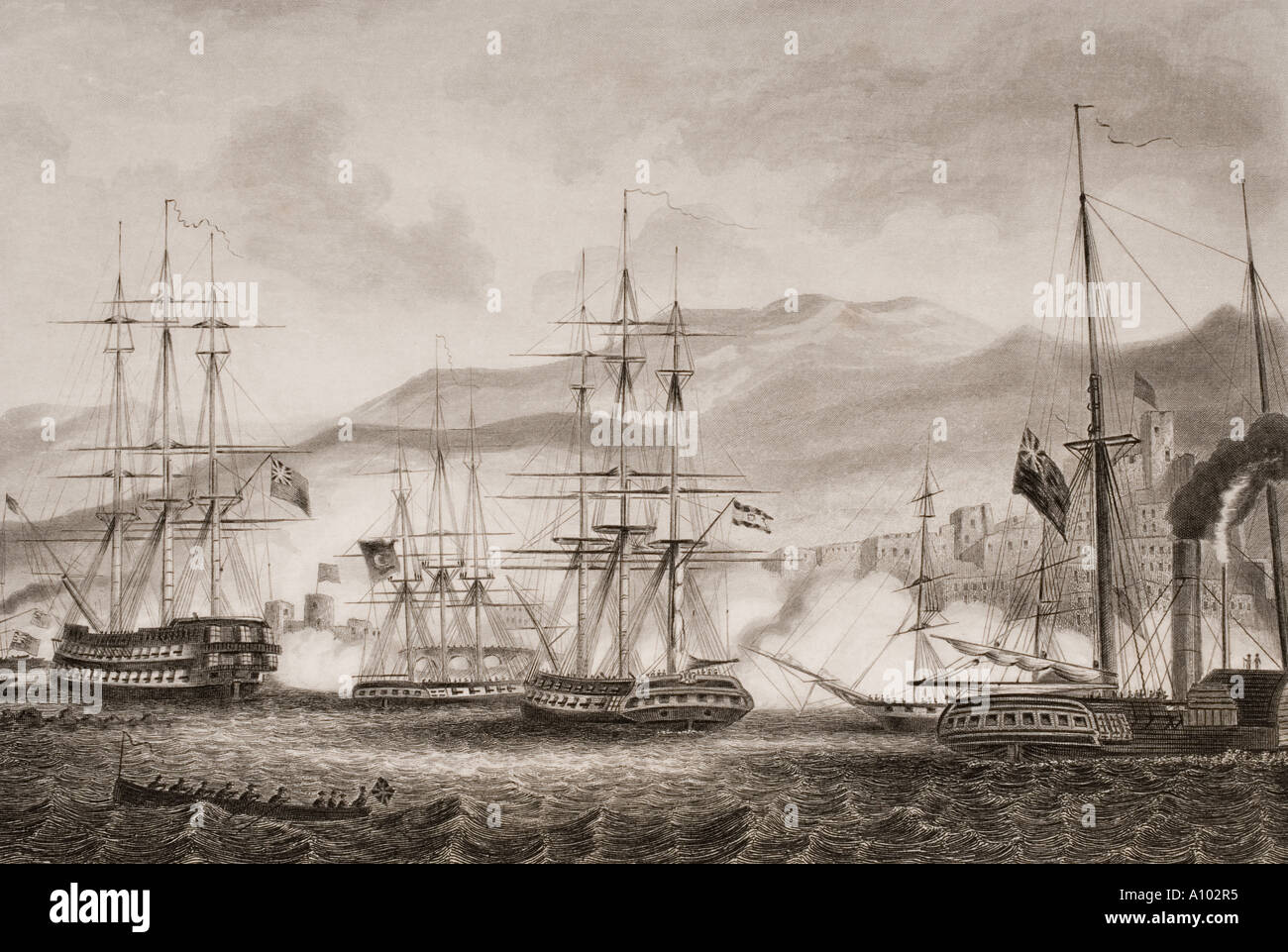 Attacco a Sidone dalla Commodore Charles Napier Settembre, 1840. Foto Stock