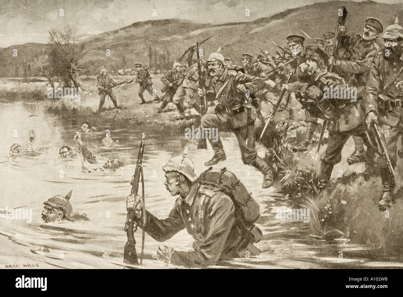 Britannica e francese di combattimento della fanteria fanteria tedesca durante la battaglia della Marna, Francia. Foto Stock