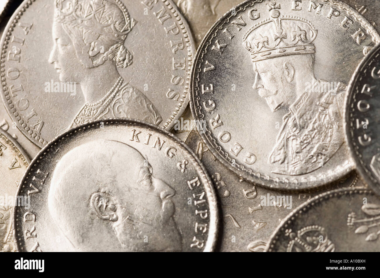 Close-up di Indian monete d'argento Foto Stock