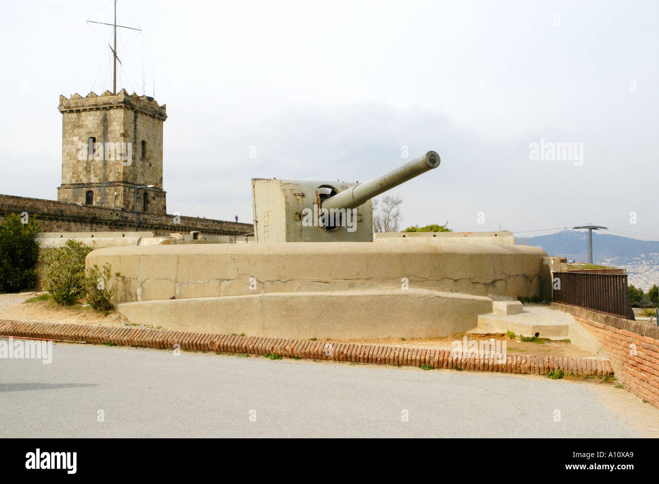 Cannone storico presso Montjuic s Casttle Foto Stock