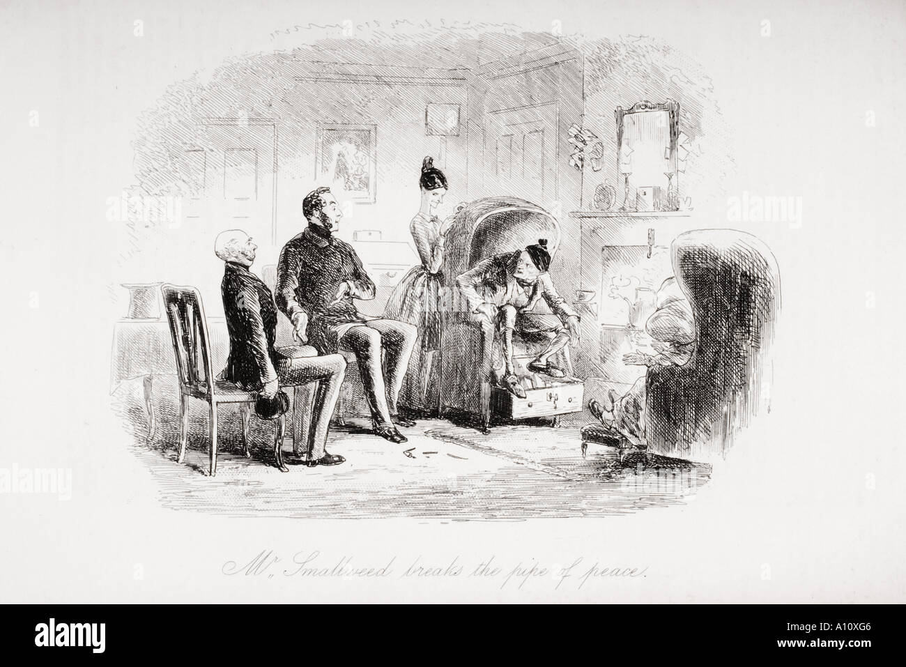 Signor Smallweed rompe il tubo della pace. Illustrazione di Phiz Hablot Knight Browne 1815 - 1882. Foto Stock