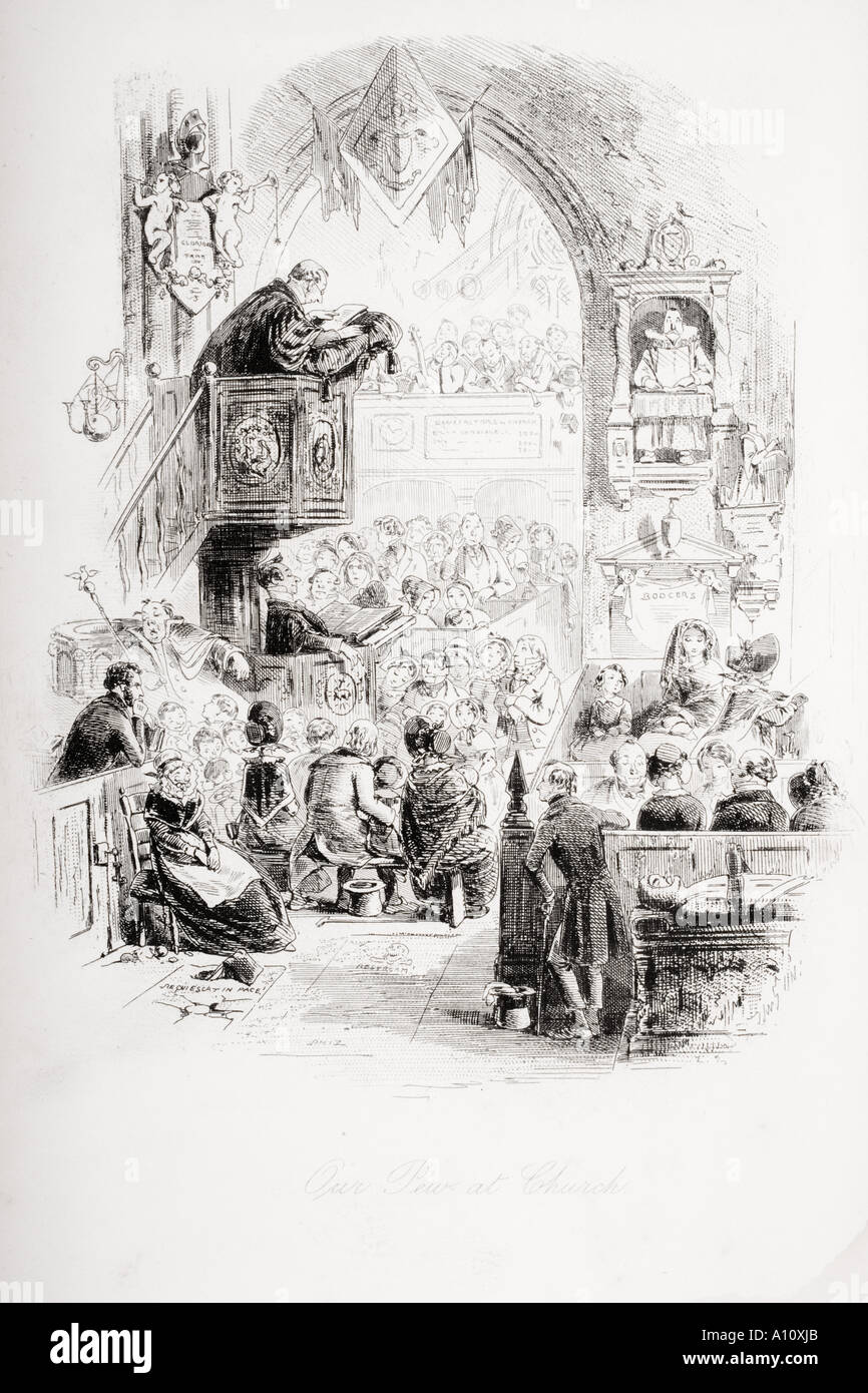 Il nostro pew in chiesa. Illustrazione dal Charles Dickens romanzo David Copperfield da H K Browne noto come Phiz Foto Stock