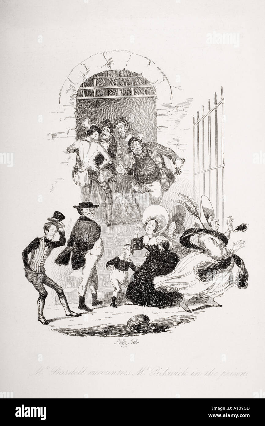 Signor Bardell incontra il signor Pickwick in prigione. Illustrazione dal Charles Dickens romanzo The Pickwick Papers da H K Browne noto come Phiz Foto Stock