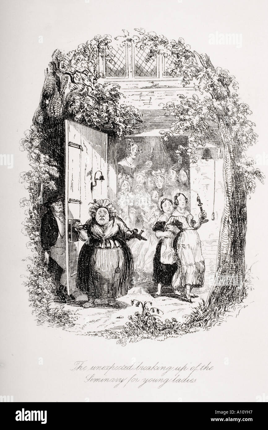 La inaspettata rottura del seminario per giovani donne. Illustrazione dal Charles Dickens romanzo The Pickwick Papers da H K Browne aka Phiz Foto Stock