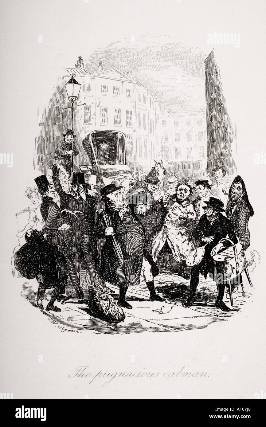 Il cabman combattivo. Illustrazione di Robert Seymour dal Charles Dickens romanzo The Pickwick Papers Foto Stock