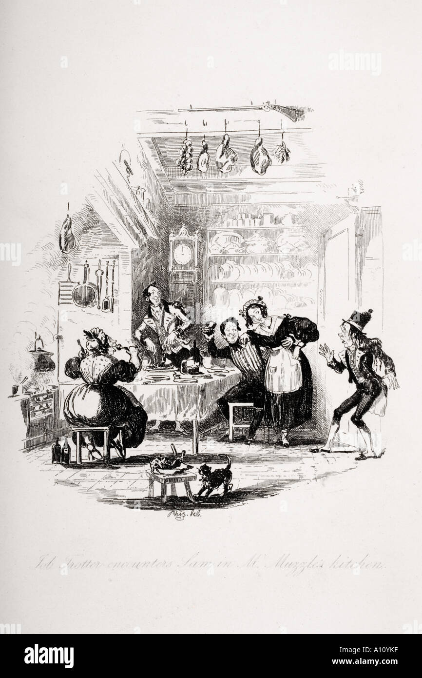 Job Trotter incontra Sam in Mr museruola la cucina. Illustrazione dal Charles Dickens romanzo The Pickwick Papers Foto Stock