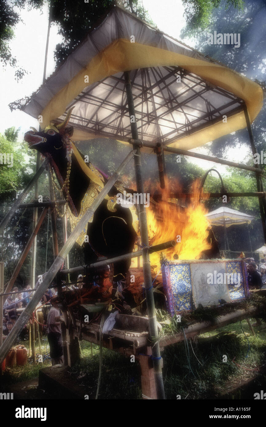 Indonesia, Bali, cerimonia di cremazione (masterizzazione di Bull ha corpo all'interno) Foto Stock