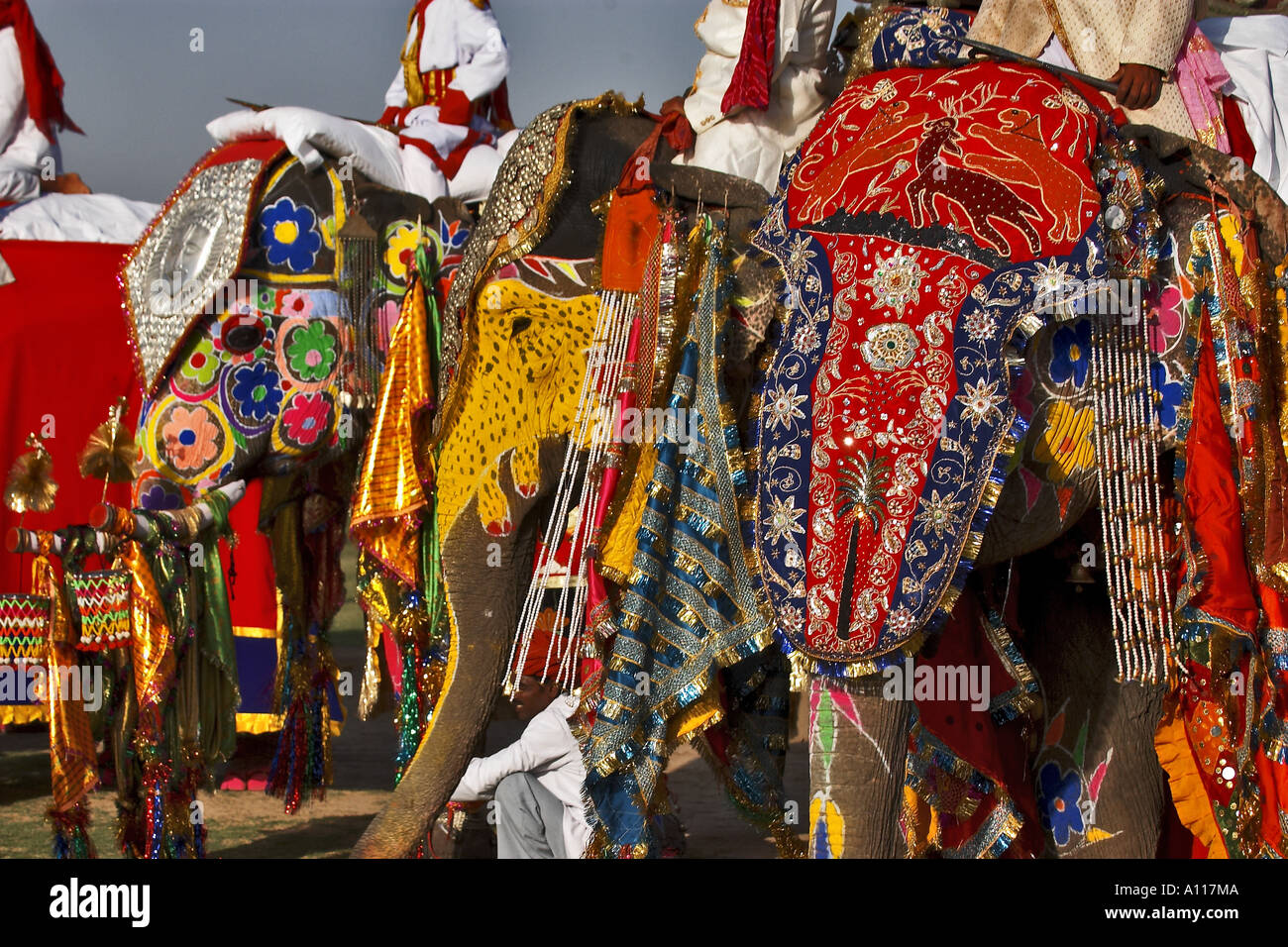 Elefanti dipinti e decorati, Elephant Festival, Chaugan Stadium, Jaipur, Rajasthan, India, Asia Foto Stock