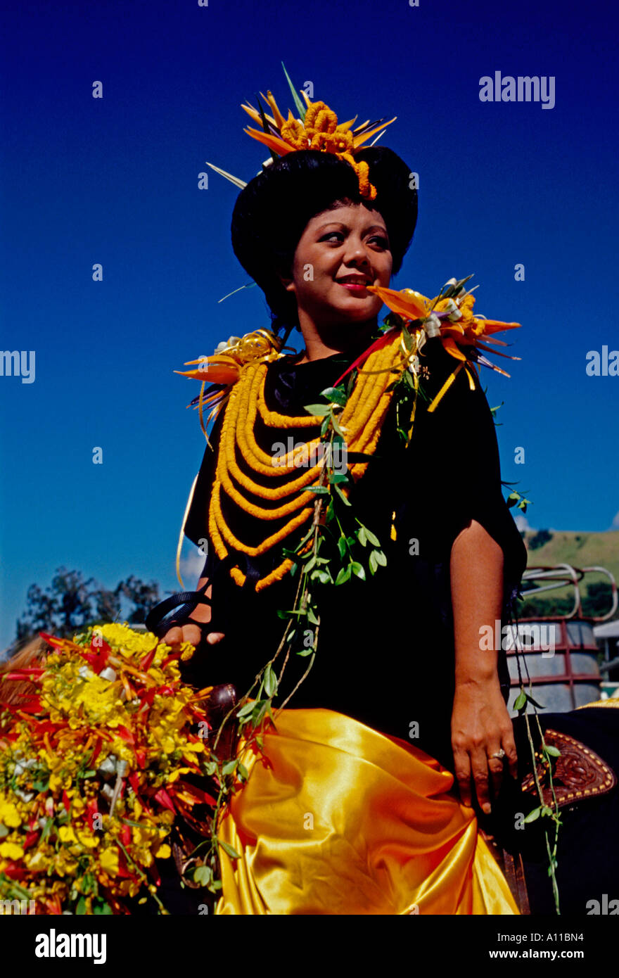 1, una donna hawaiano, donna adulta, mezza lunghezza, ritratto, Paniolo Parade Festival Aloha, Waimea, Isola delle Hawaii, Hawaii Foto Stock