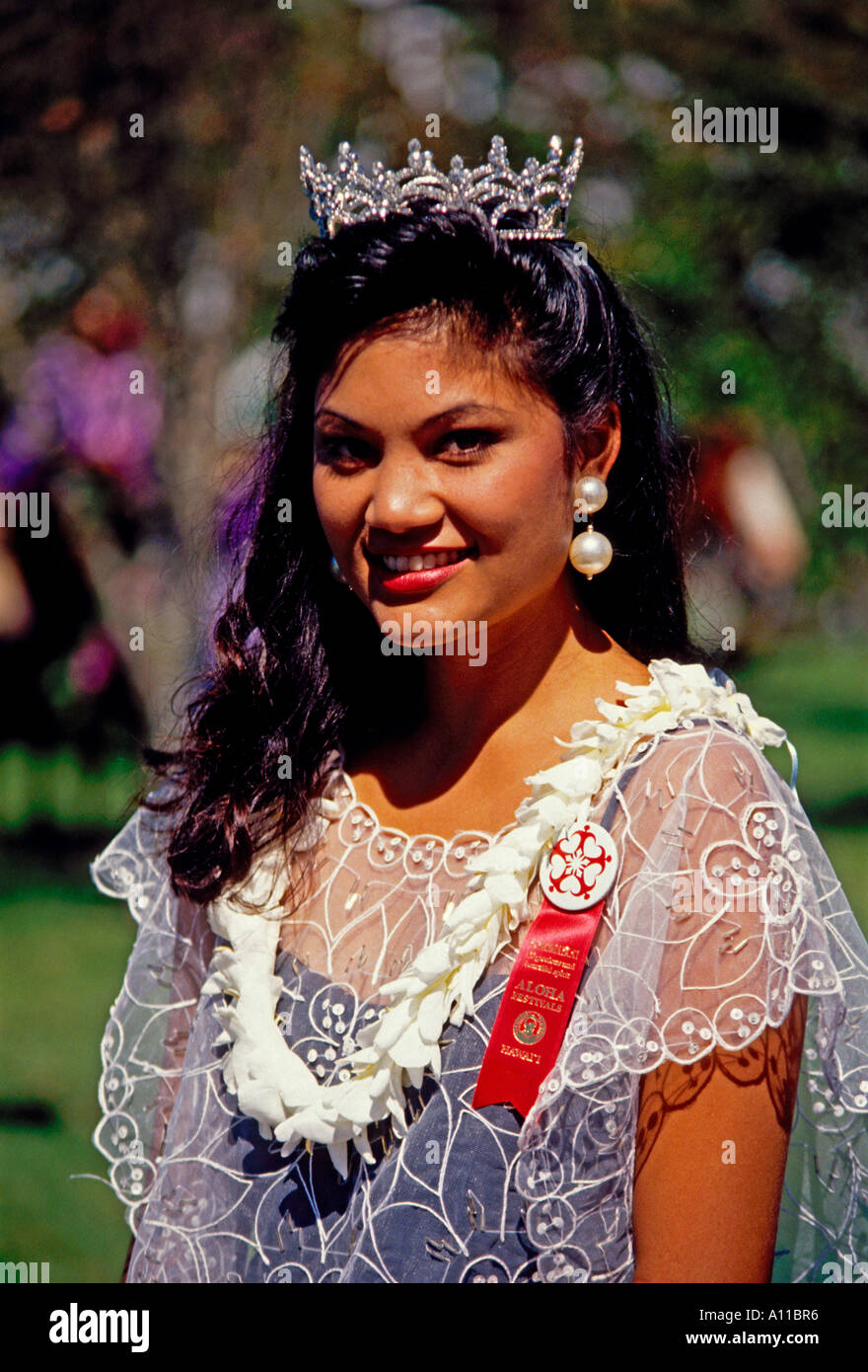 1, una donna hawaiano, donna adulta, mezza lunghezza, ritratto, Paniolo Parade Festival Aloha, Waimea, Isola delle Hawaii, Hawaii Foto Stock