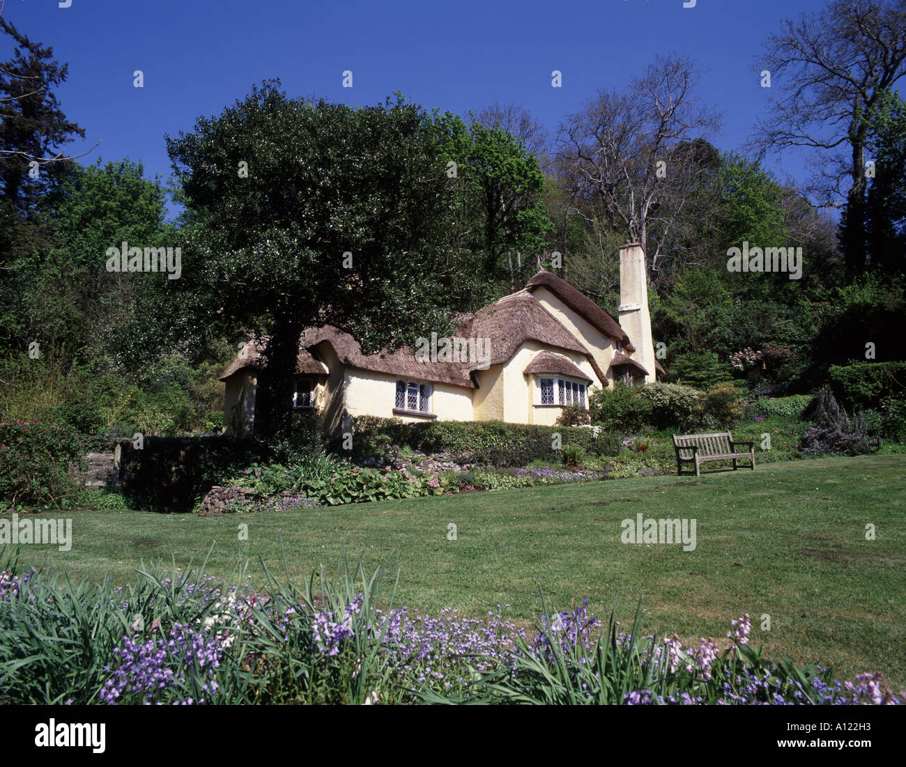 Selworthy un pittoresco villaggio di vecchi cottage con il tetto di paglia in un ambiente boschivo, ora gestito dalla National Trust Foto Stock