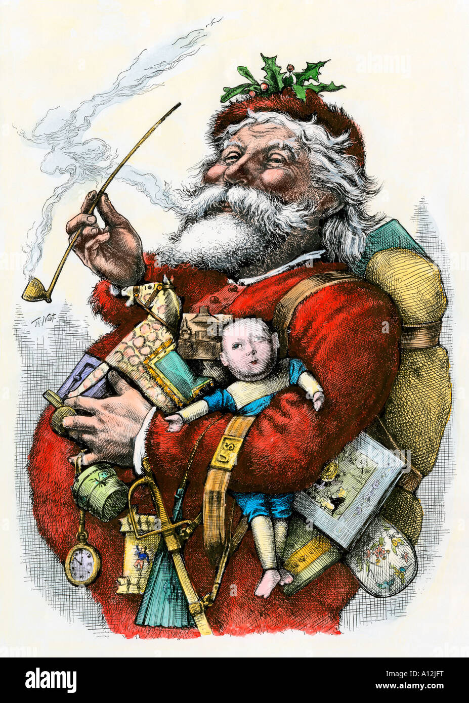 Buon vecchio Babbo Natale 1880. Colorate a mano la xilografia di Thomas Nast illustrazione Foto Stock