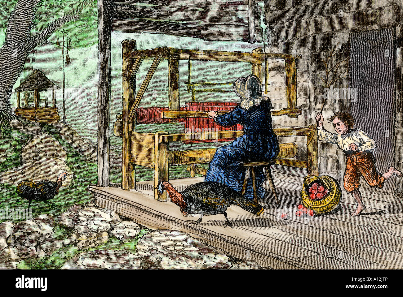 Donna tessitura su il portico dei suoi monti Appalachi log cabin 1800s. Colorate a mano la xilografia Foto Stock