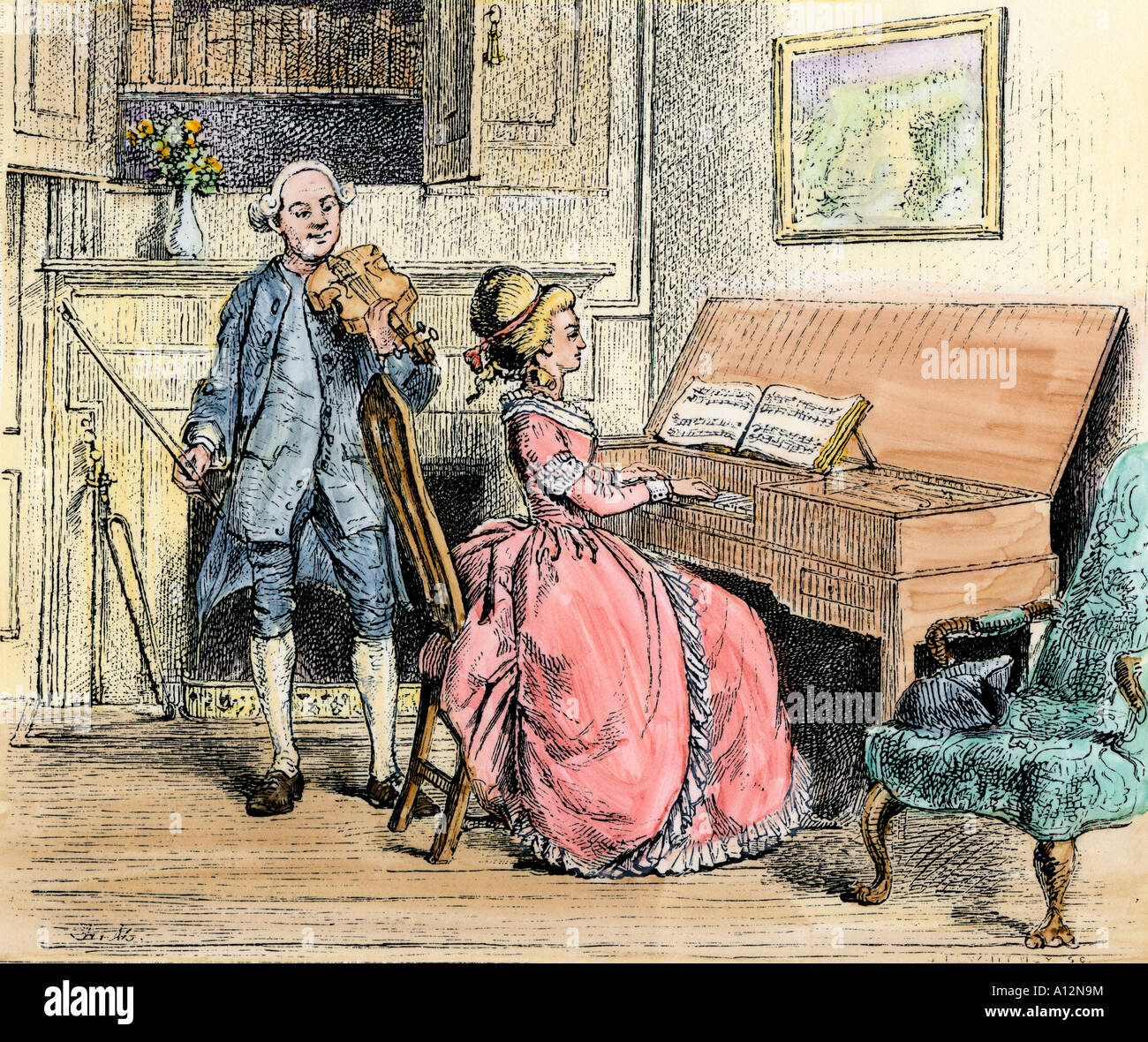Lezione di musica in una piantagione del Sud casa 1700s. Colorate a mano la xilografia Foto Stock