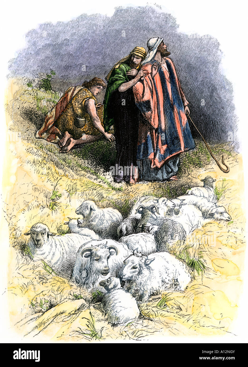 Pastori chiamati dai loro campi di una stalla di Betlemme al momento della nascita di Gesù. Colorate a mano la xilografia Foto Stock