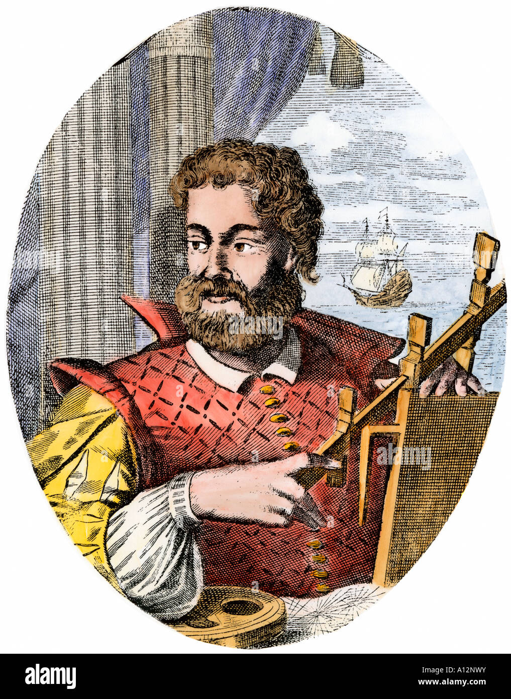 Cristoforo Colombo ritratto. Colorate a mano la xilografia Foto Stock